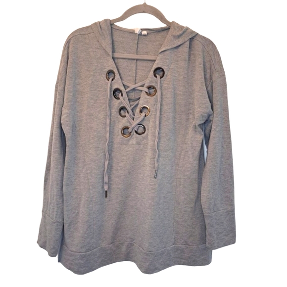 Cable & Gauge Gray Grommets Lace-Up Neck Hooded Pullover Sweatshirt Size Large - Picture 2 of 6